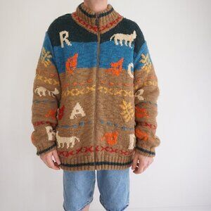 VTG '90s Road 50% Heavy Wool Tan Wilderness Wolves Zip Up Chunky Knit Sweater XL